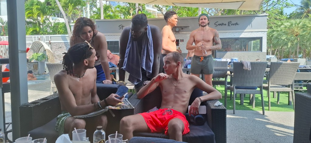 Community gathering poolside at a nearby spa in Pattaya