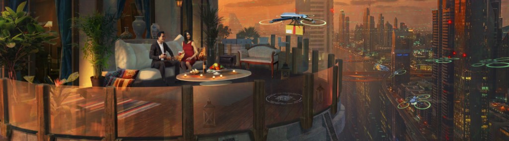 A futuristic cityscape with drone deliveries and a couple relaxing on a high-rise balcony